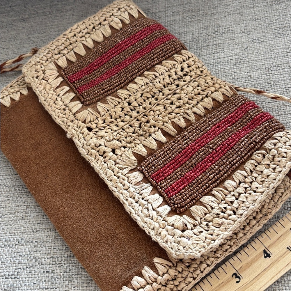 Free People Vintage boho suede leather and paper Raffia beaded crossbody purse - Picture 12 of 16